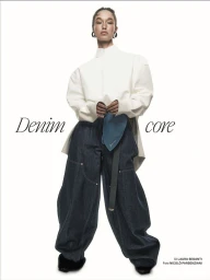 Model Jenn du Puy wearing wide-leg dark denim jeans and a white high-neck top against a plain white studio backdrop.