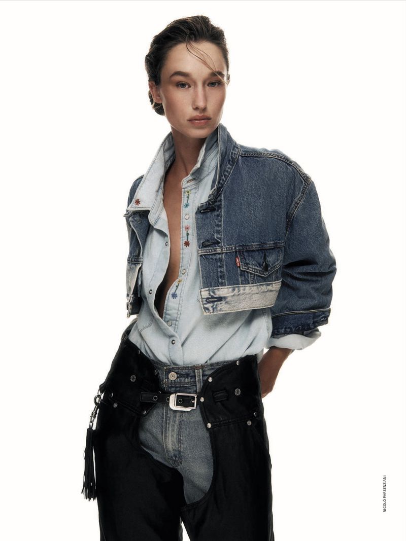 Model Jenn du Puy wearing a denim jacket and chaps for Elle Italia photographed by Nicolò Parsenziani