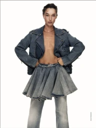 Model wearing a denim jacket and flared denim skirt over jeans against a clean white background