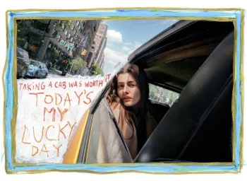 Woman looking out from a car window next to handwritten red text on a painted blue border background