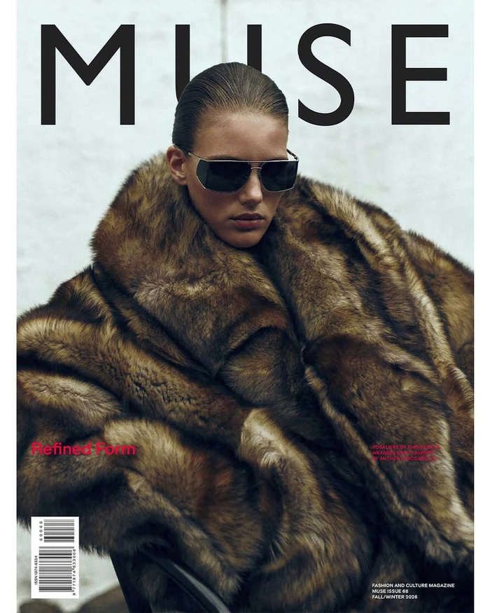 Model wearing dark sunglasses and a voluminous fur coat for Muse Magazine Fall/Winter 2026 covers.