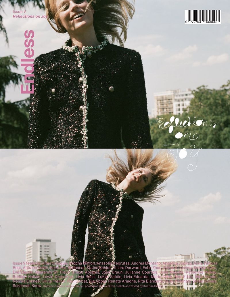 Model in a black embellished jacket outdoors against an urban park background with text overlay for Endless Magazine Issue V.