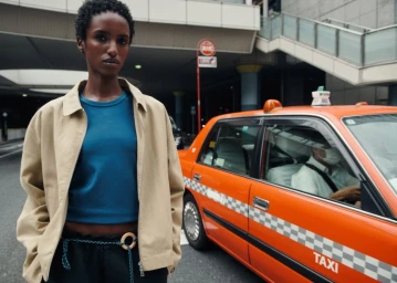 Model standing outdoors near an orange taxi wearing a tan jacket and blue top for Aman Essentials