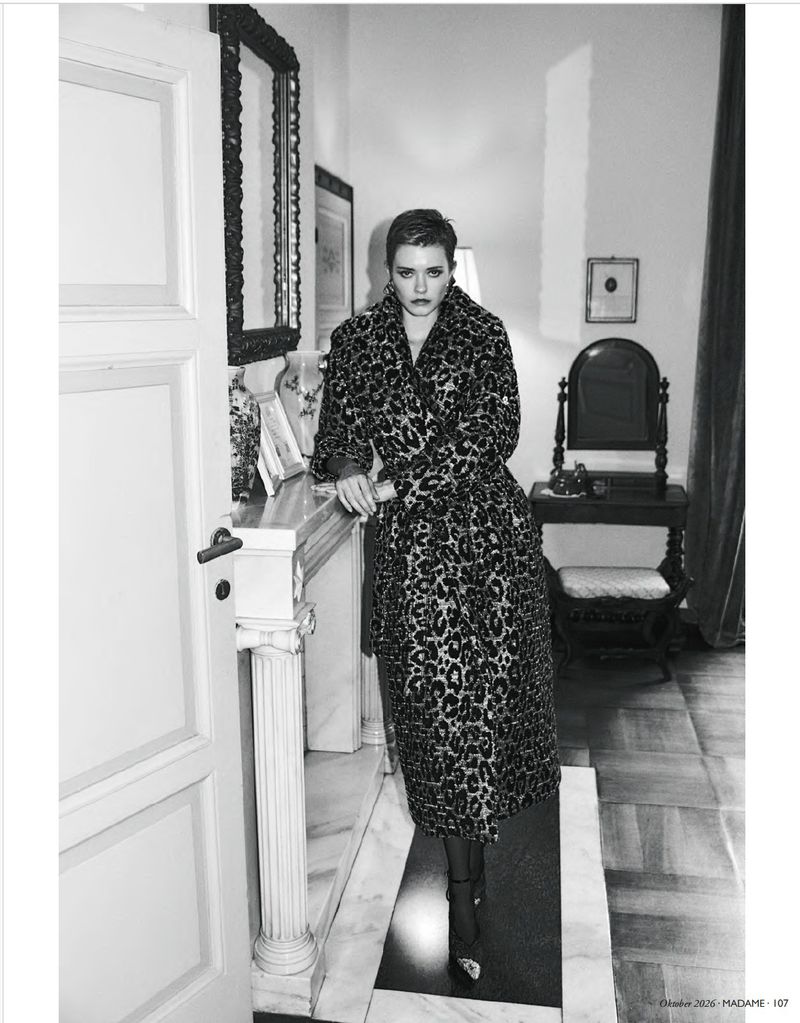 Model Maike Inga wearing a leopard print coat in a classic interior for Madame Germany, photographed by Adriano Russo