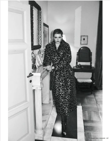 Model Maike Inga wearing a leopard print coat in a classic interior for Madame Germany, photographed by Adriano Russo