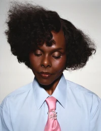 Close-up portrait of a Black model in a light blue button-down shirt and pink tie against a neutral background.