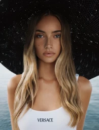 Model Emma Ellingsen wearing a wide black sun hat and white Versace top against an ocean background for Costume Norway.