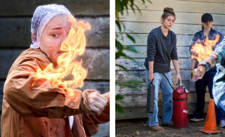 Stunt school participant practicing fire stunts with flames on arm and head, alongside training scenes