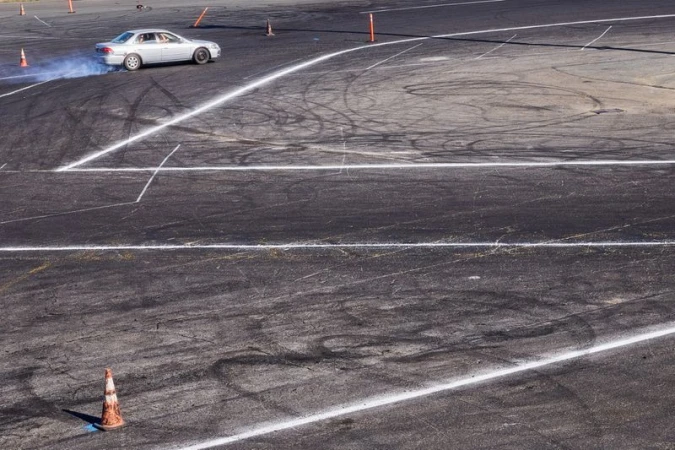 Silver sedan drifting on an asphalt training track with white line markings and orange cones