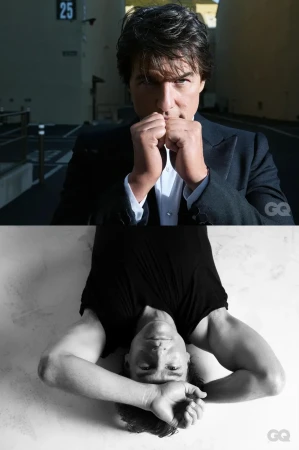 Tom Cruise in a dark suit jacket holding his fists near his chin in an urban street setting, and lying upside down wearing a black top.