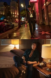Tom Cruise walking on a city street at night and seated on a hotel bed for GQ Magazine