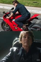 Tom Cruise seated on a red motorcycle wearing sunglasses and dark clothing in a GQ Magazine U.S. editorial portrait.