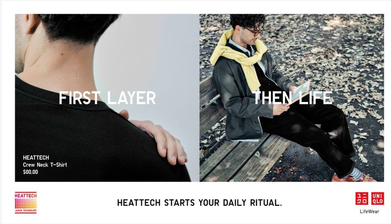 Split view ad for Uniqlo Heattech showing a man's neck in a black crew neck and a seated man in a jacket with a yellow sweater.