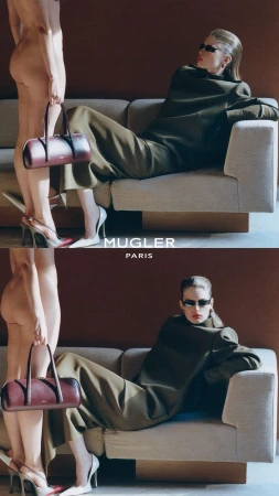 Model in olive green apparel reclining on a beige sofa next to another standing figure holding a dark handbag for Mugler F/W 26