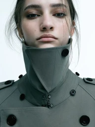 Close up portrait of a model wearing a high collared grey trench coat with black buttons against a plain white background