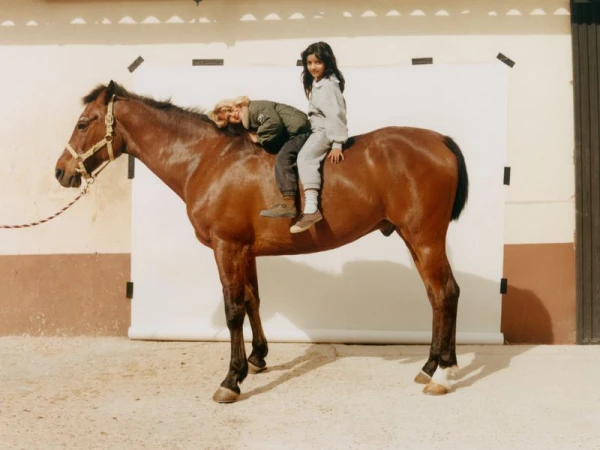 Two children sitting on a brown horse posed in front of a white photo backdrop outdoors in bright daylight