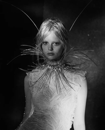 Portrait of a model wearing an intricate wire collar and headpiece with antennae against a dark textured background.