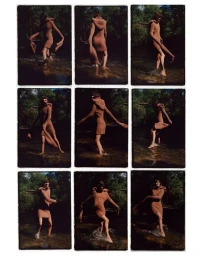 Multi-panel photographic grid showing a woman wearing a brown knitted dress standing in a shallow river surrounded by lush green trees.