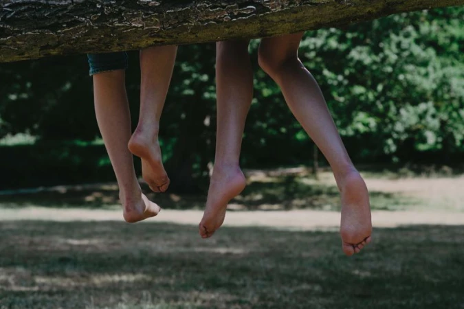 Close-up view of bare legs and feet dangling downward from a large tree branch in an outdoor setting.