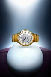 Gold wristwatch resting on top of a smooth white sphere against a dark blue and purple gradient background.