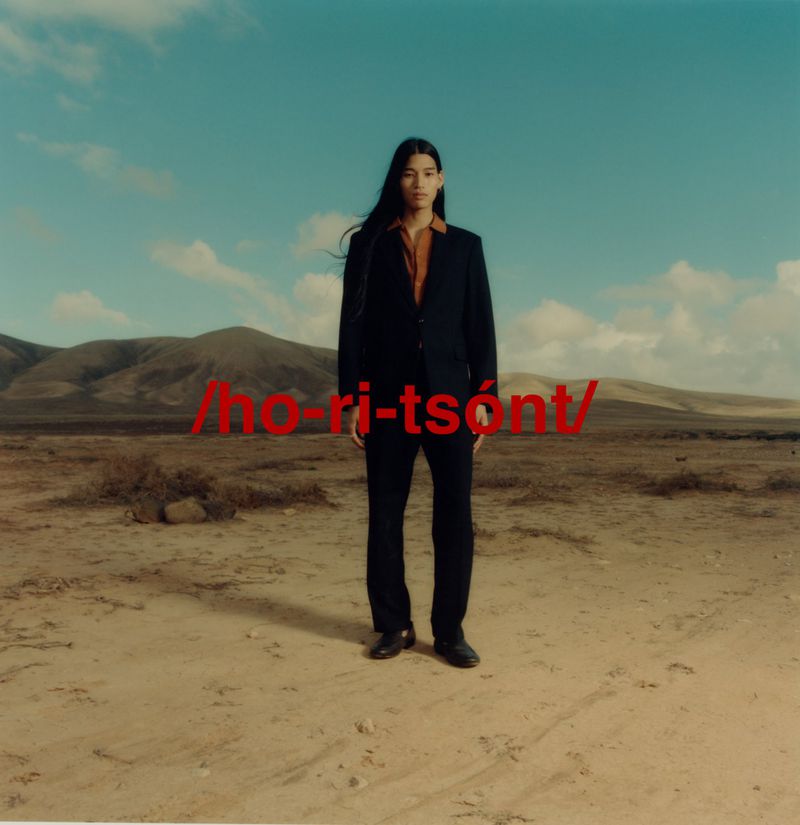 A person stands in a suit in a desert landscape under a blue sky with light clouds, with mountains in the background.