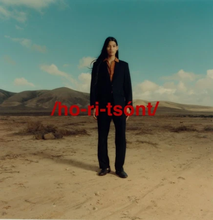 A person stands in a suit in a desert landscape under a blue sky with light clouds, with mountains in the background.