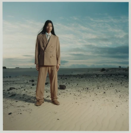 An Asian man stands on a sandy plain in a tan double-breasted suit. He poses in front of a pale blue sky with wispy white clouds.