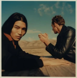 Two men seated at a wooden outdoor table in an arid desert landscape, one looking forward and the other in a black leather jacket.