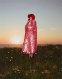 A woman in a bright pink fluffy coat and matching hat standing on a grassy hill overlooking the ocean at sunset.