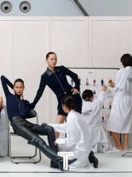 Models and crew in white robes gathered around a mood board for T Magazine China photo shoot by Liu Song