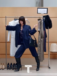 Model in navy blue suit and black boots posing in front of clothing racks for T Magazine China