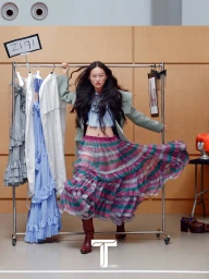 Model standing by a clothing rack wearing a ruffled plaid skirt, blue top, green blazer, and brown boots