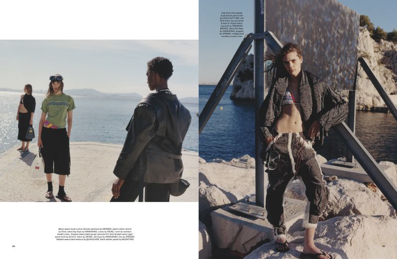Models posing outdoors by the sea in a fashion editorial layout for Pop Magazine shot by Vava Ribeiro.