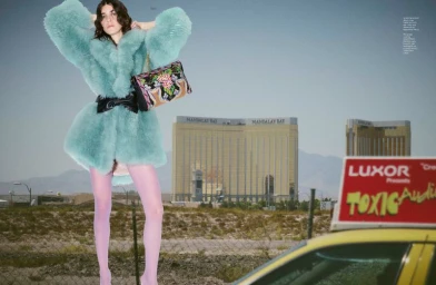 Model in fluffy blue coat and pink tights holding patterned handbag in front of desert landscape