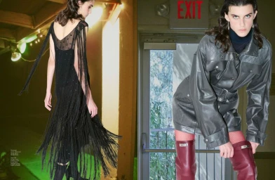 Model wearing a grey leather jacket and knee-high boots in front of an exit door for Heroine Magazine editorial