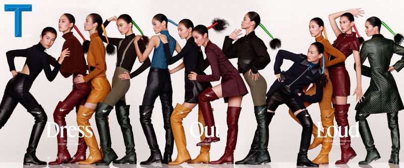 Group of female models in diverse stylish outfits and tall boots posing against a white seamless background for T Magazine China