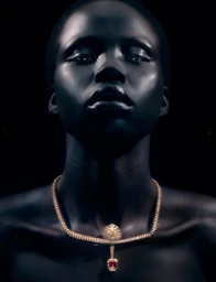 Close-up portrait of model Naomi Apajok wearing a gold pendant necklace against a dark background for 10 Magazine Australia.