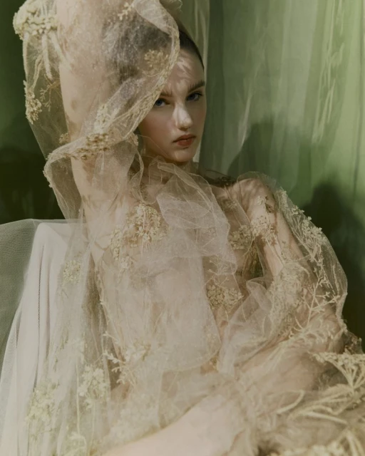 Woman with fair skin poses indoors draped in a sheer, embroidered fabric; soft focus and muted color palette.