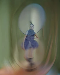 Model wearing a feathery lilac dress framed within a distorted circular lens effect with warm ambient blur.