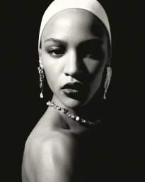 Close-up monochrome portrait of a model wearing a tight white cap, drop earrings, and a beaded necklace against a dark background.