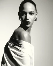 Portrait of a model wearing an off-shoulder white top and silver earrings against a plain background