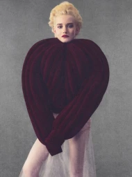 Julia Garner in a voluminous burgundy structured garment and pale skirt against a textured grey background.