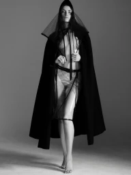 Grace Hartzel in black hooded cape and sheer plastic overlay for Pop Magazine fashion editorial