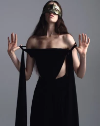 Model Grace Hartzel wearing a black dress and gold mask against a plain grey backdrop for Pop Magazine.