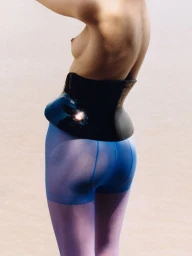 Model wearing blue tights and a dark structured corset against a pale background for an AnOther Magazine editorial.