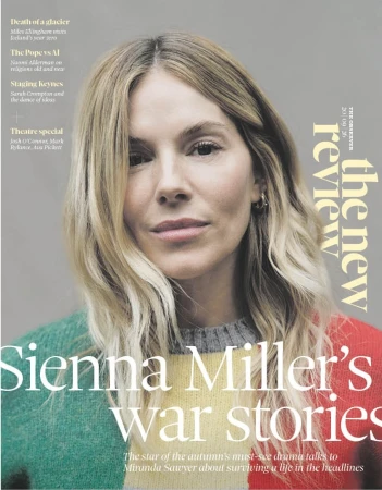 Portrait of actor Sienna Miller wearing a color-blocked sweater for The Observer Magazine cover by Linda Brownlee