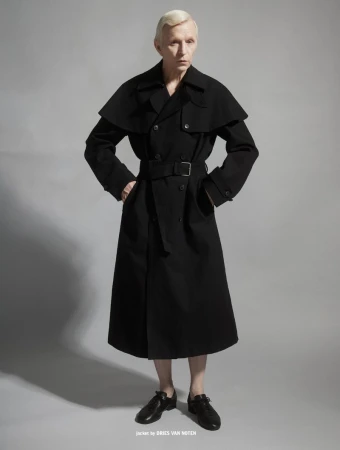Man wearing a long black belted trench coat with cape shoulders and black shoes against a grey seamless background