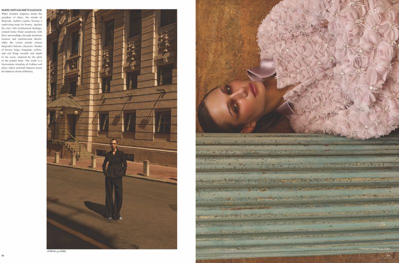 Editorial double-page spread featuring two fashion images against urban architecture and textured backgrounds.