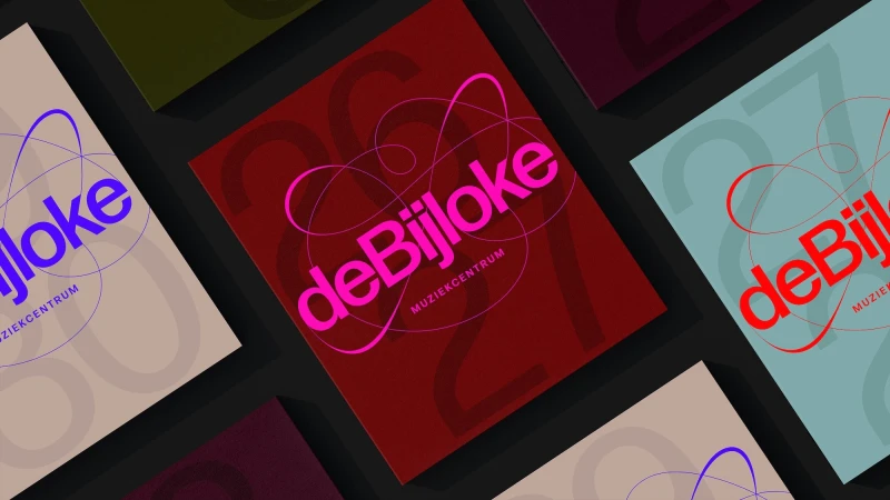 De Bijloke brand identity design showcasing colorful promotional materials featuring graphic typography and swirling line overlays.