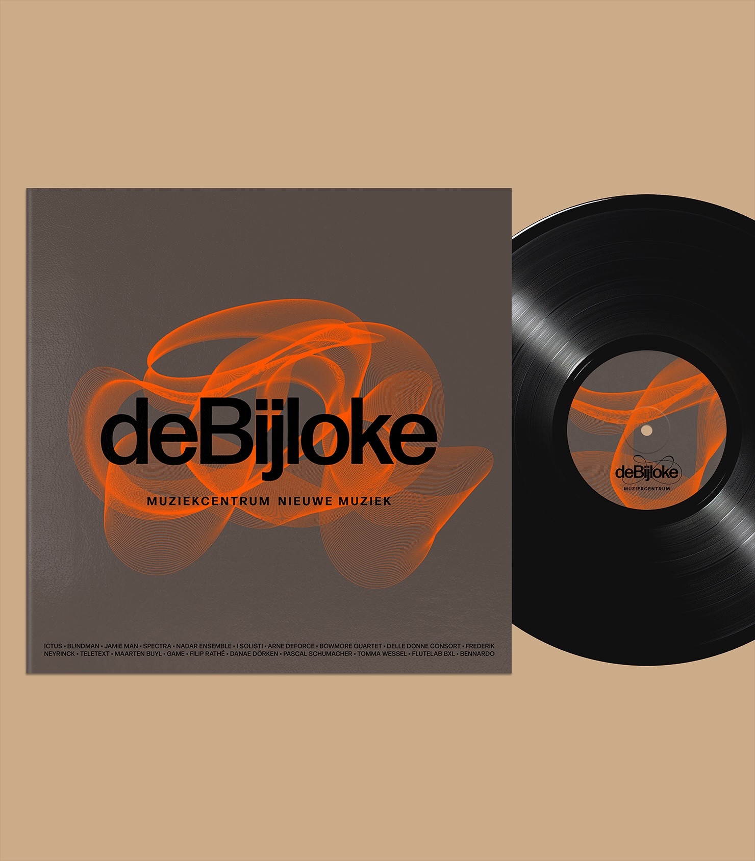 Vinyl record next to its square sleeve featuring black typography and orange abstract wave graphics on a solid beige background.